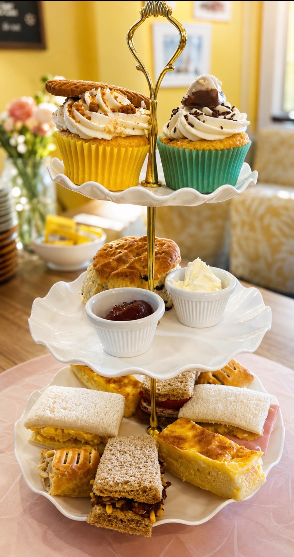 A three-tier afternoon tea stand with cupcakes, scones, sandwiches and cakes at Oscars Coffee House